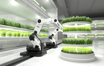 Robotic arms in a modern indoor farm tending to circular plant structures with greenery.