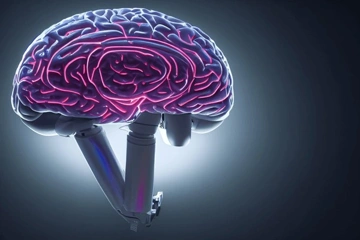 A stylized brain with robotic arms, featuring glowing neural pathways in pink.